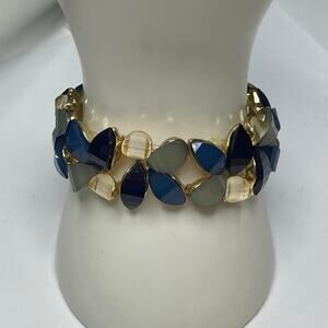 gold tone bracelet faux jewels in teals blue green costume jewelry